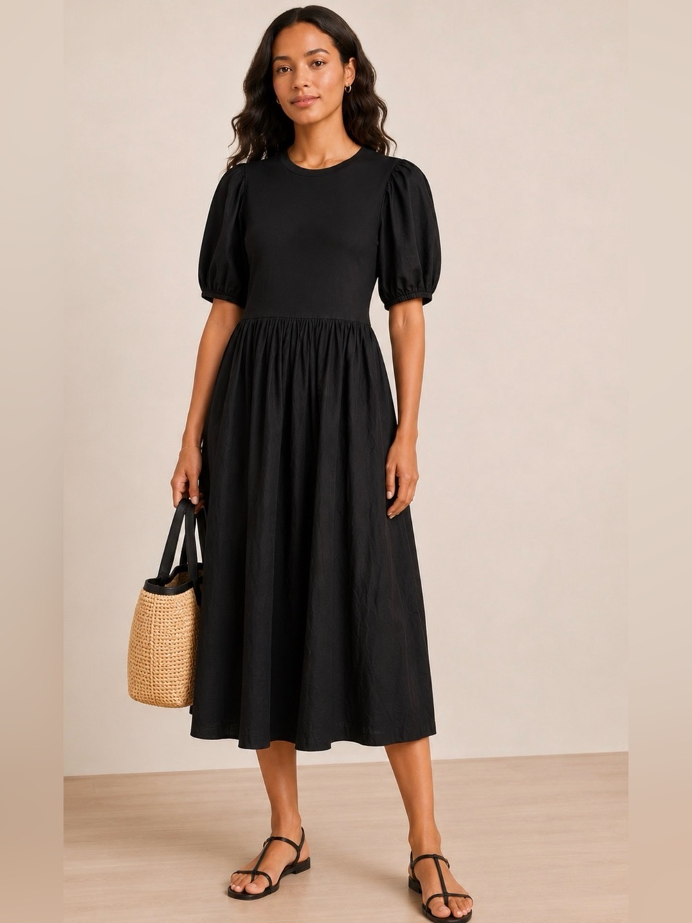 En Saison Black Puff Sleeve Mixed Media Midi Dress Small|